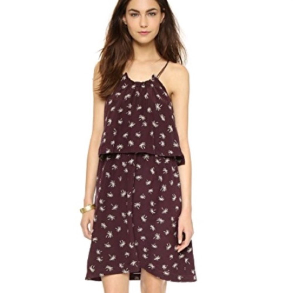 Madewell Dreamdrift 100% Silk Overlay Brown Dress with cream palm tree print